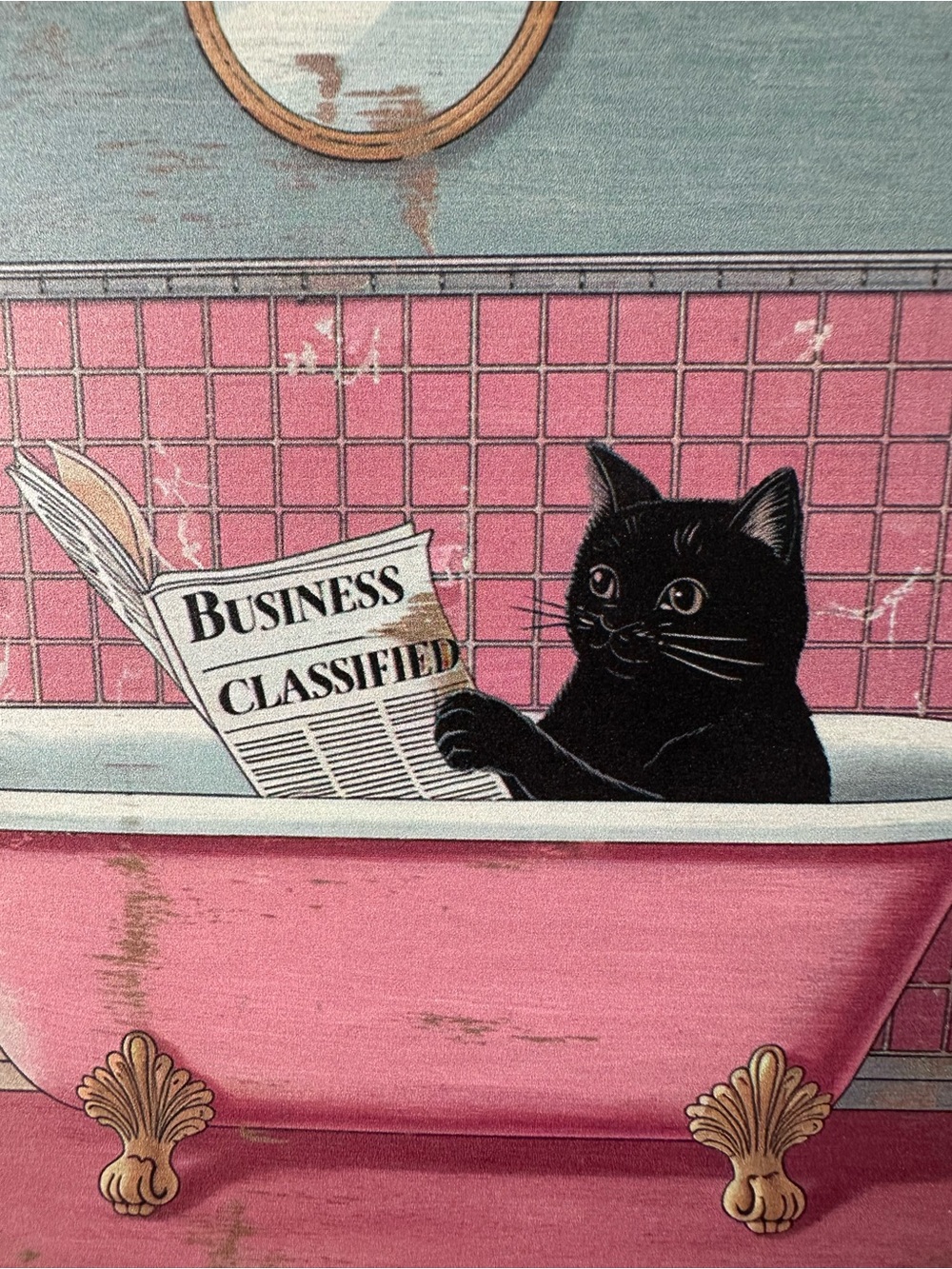 Framed Wooden Cat in Pink Bathtub Reading a Newspaper Wall Art Decor NWT - Picture 4 of 4